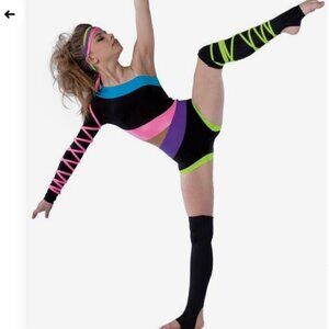 DANSCO 80's Neon Pink Green Mesh Black Straps Lyrical Dance Jazz Acro Costume